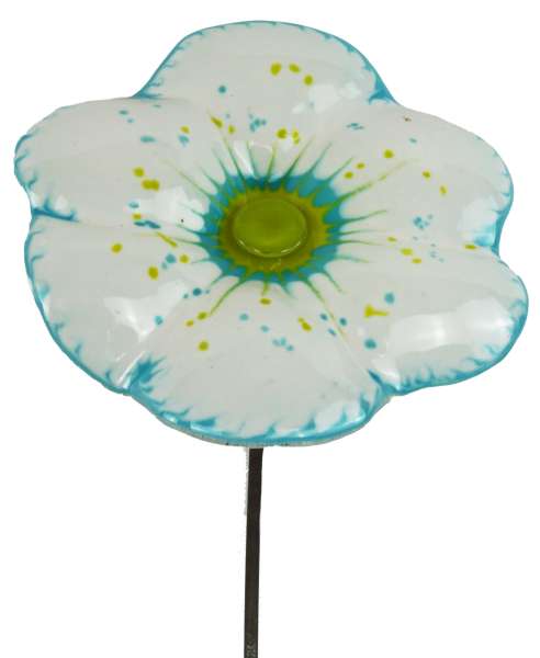 Zauberhafter Gartenstecker Glasblume weiß mit blauem Rand ca. 120 cm - Gartendekoration